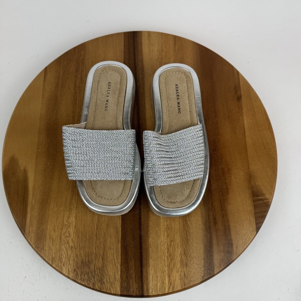 New Womens Azalea Wang Pagani Silver Platform Slip On Sandals Slides Size 6 M